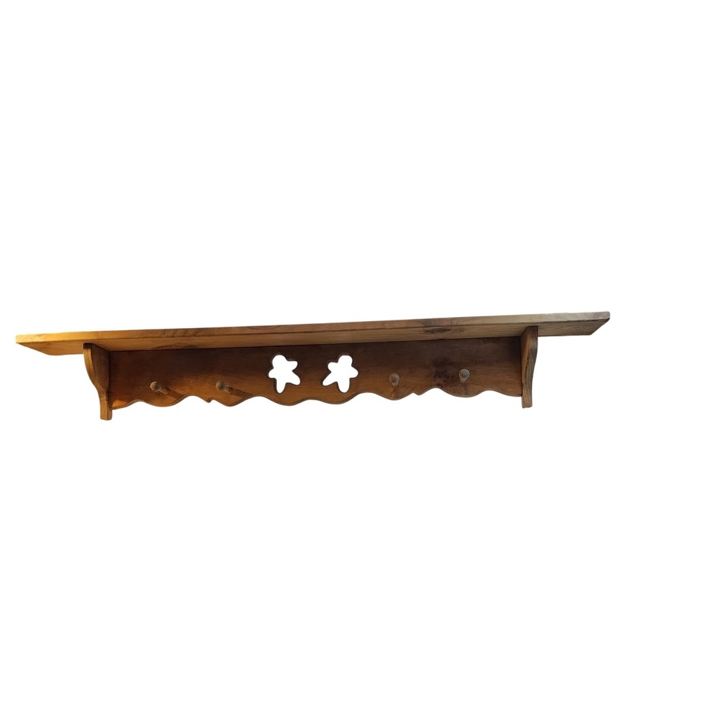 Vintage Wood Wall Shelf Scalloped Gingerbread Cutout 4 Peg Coat Rack Brown 48"